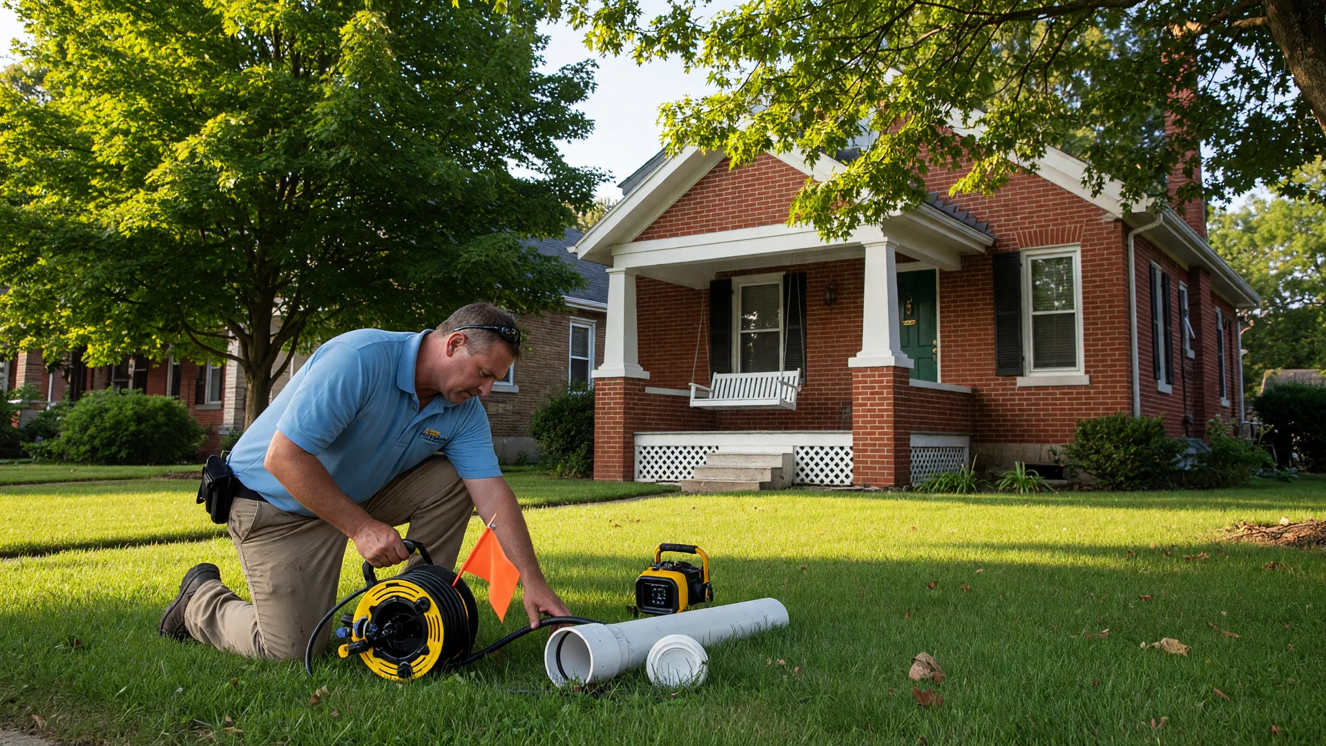 A home inspector running a sewer scope camera into a clean-out pipe on the front lawn of a historic brick bungalow in a Dayton Ohio neighborhood