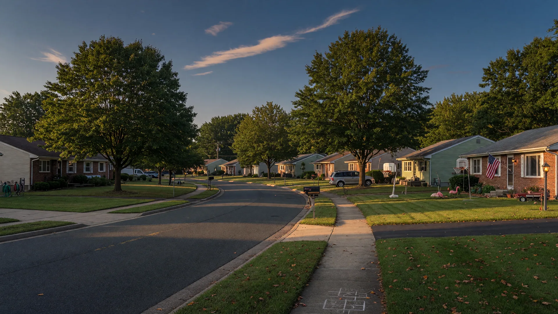 A quiet street of ranch homes in Egg Harbor Township at golden hour
