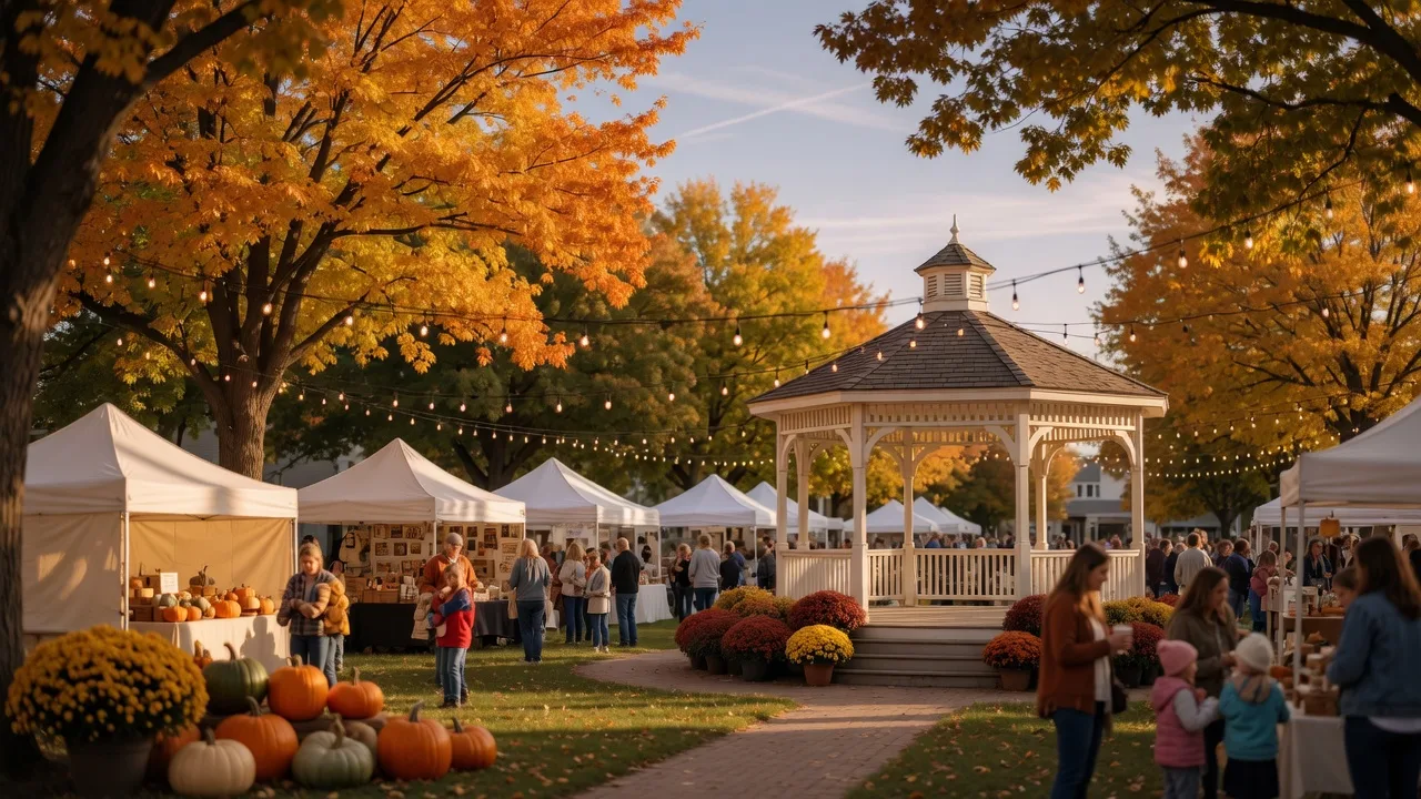 Small-town fall festival in a Northwest Indiana park with white vendor tents, a pumpkin-decorated bandstand gazebo, string lights, and golden autumn trees in late-afternoon light