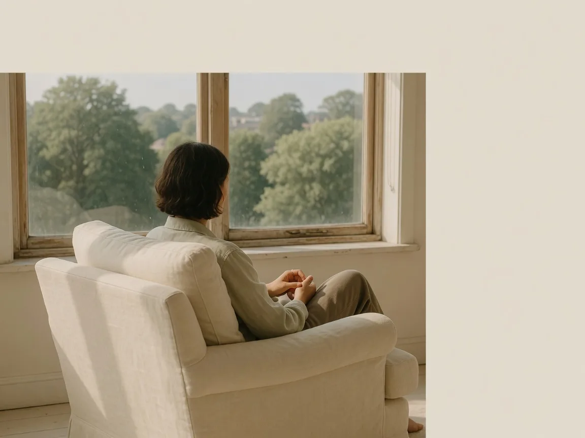 An adult seated from behind in a warm linen armchair beside a tall window in soft morning light, hands resting in the lap, muted green trees outside