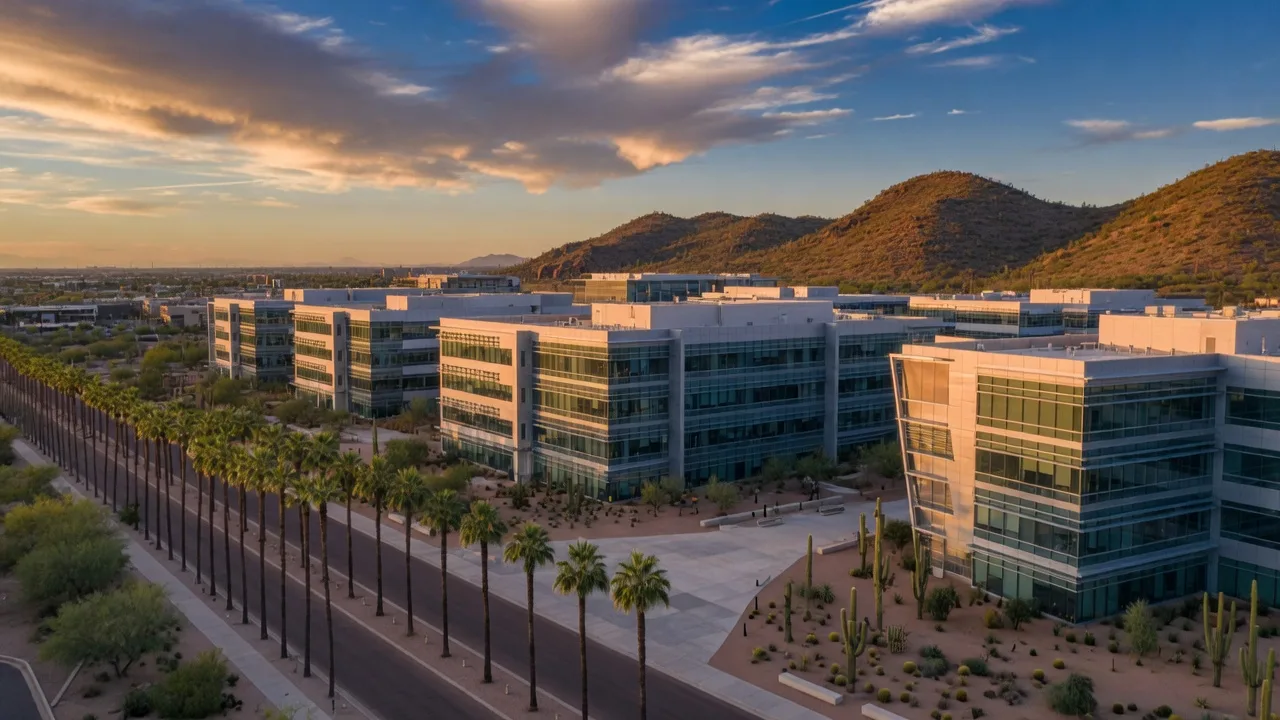 A modern technology campus with glass office buildings and desert landscaping near Phoenix at golden hour