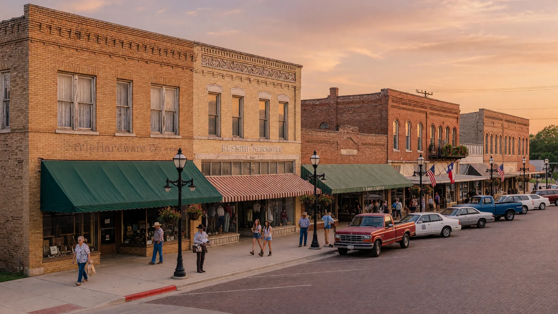 Historic downtown Paris, Texas main street with brick storefronts, awnings, and pedestrians during golden hour
