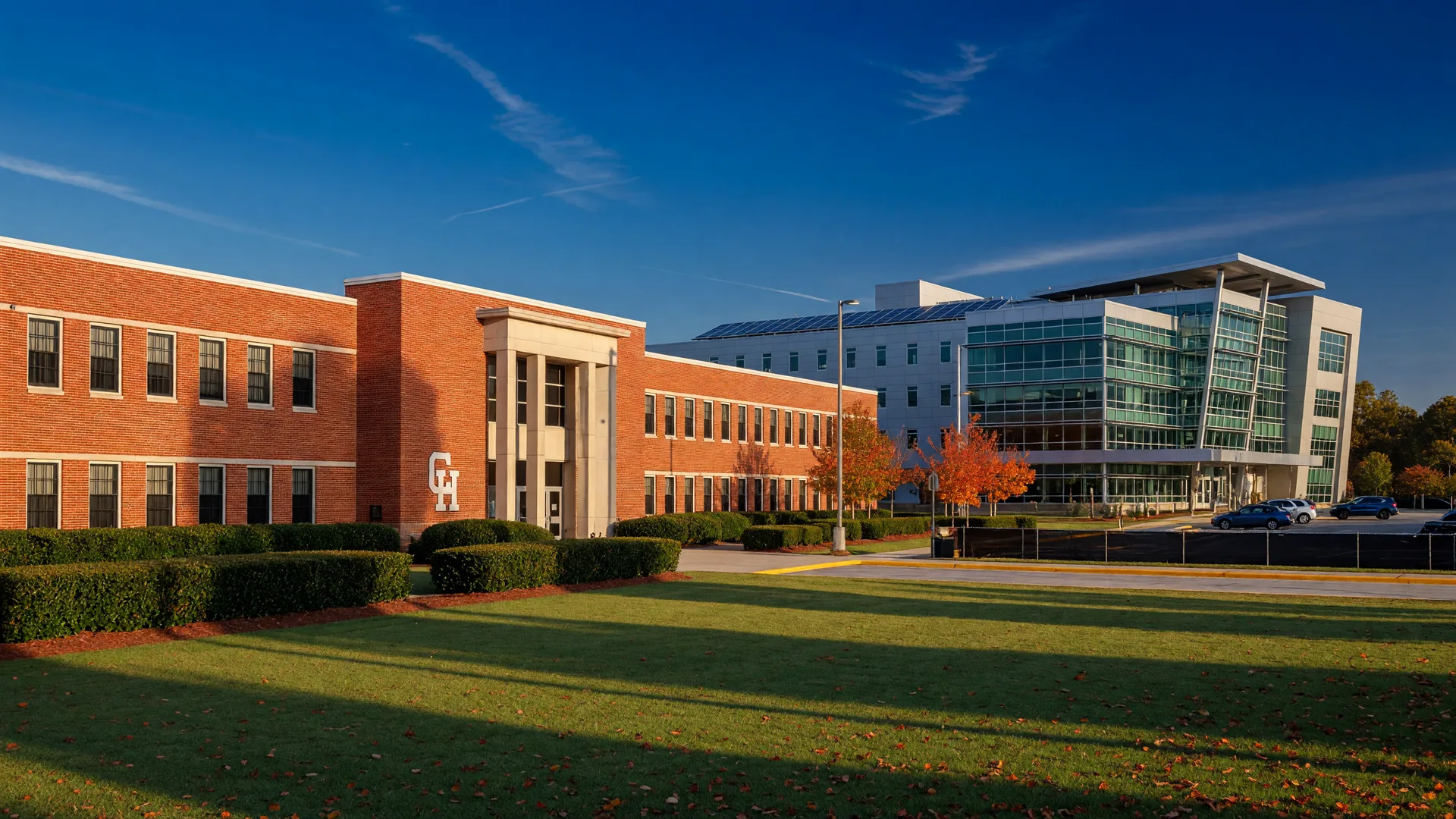 Side-by-side view of Cartersville High School and a Bartow County school building on a clear autumn morning, representing the two school district choices in Cartersville GA
