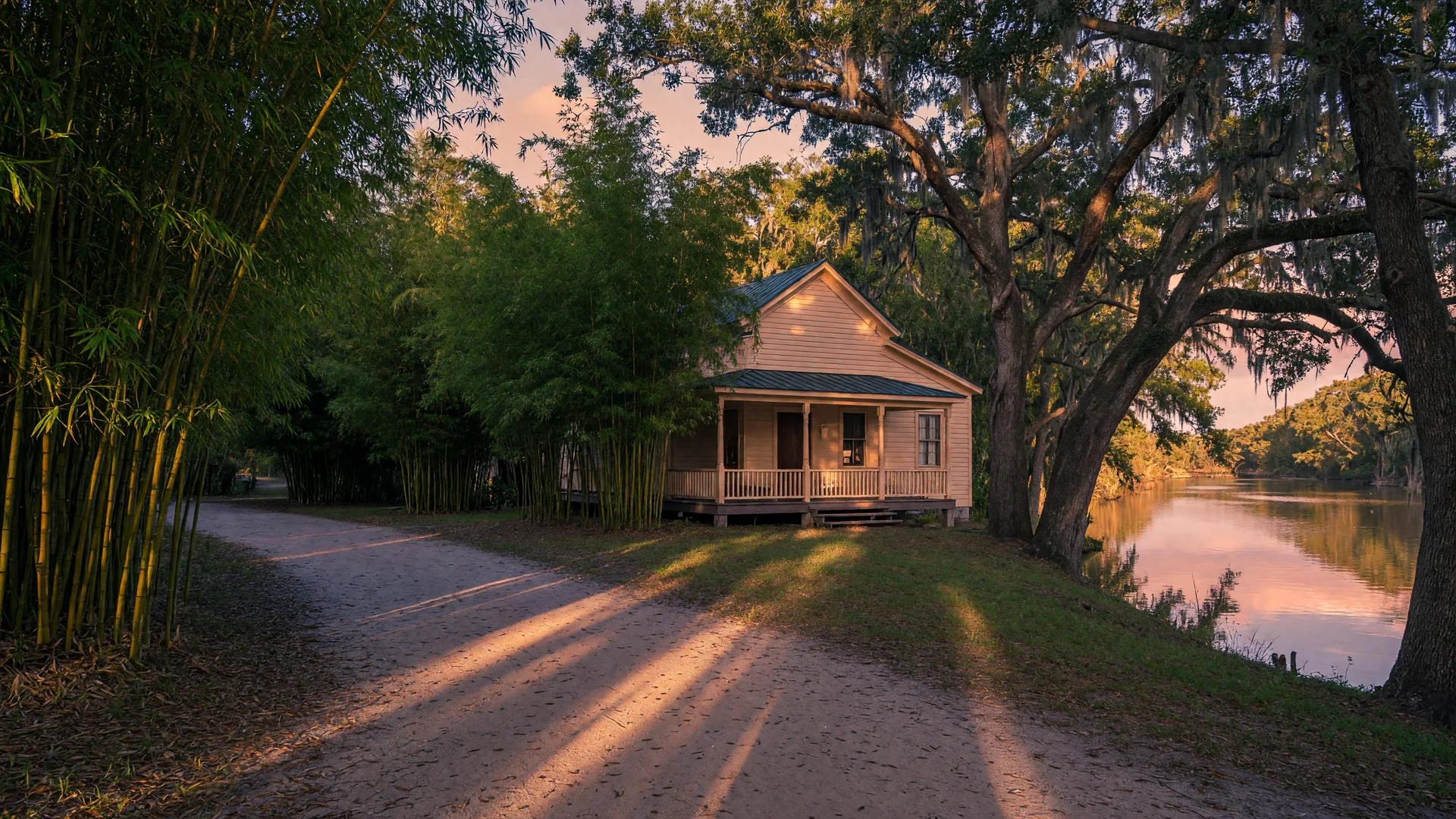Restored late-1800s settlement building at Koreshan State Park in Estero, Florida framed by a grove of tall green bamboo and live oaks along a sandy trail