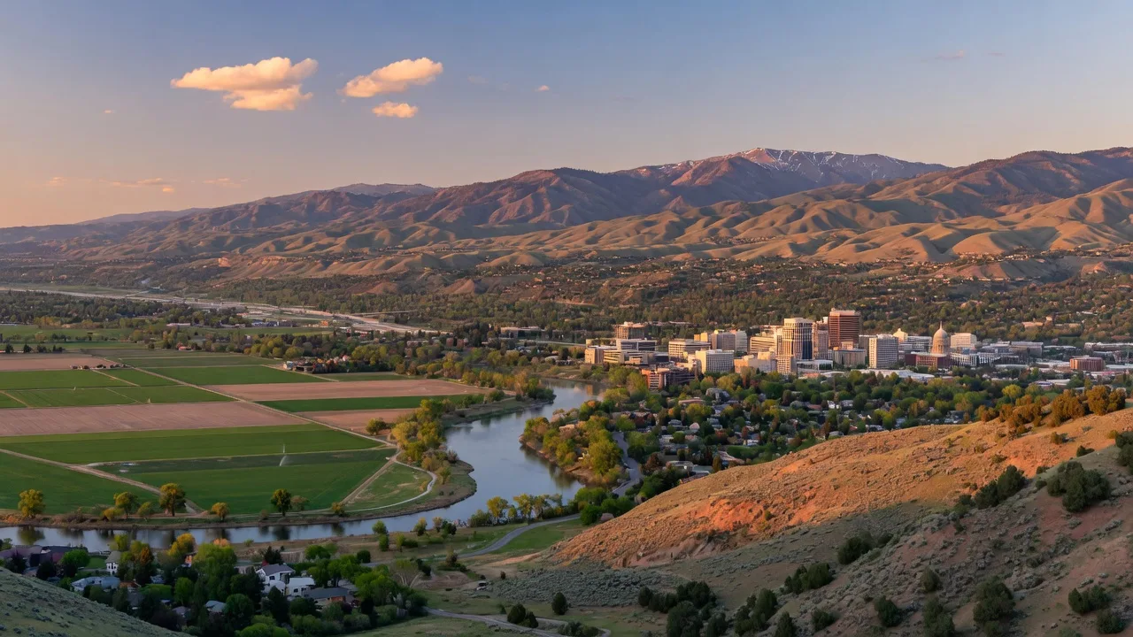Golden-hour view overlooking Boise and the Treasure Valley with the Boise foothills and Rocky Mountain front range in the distance