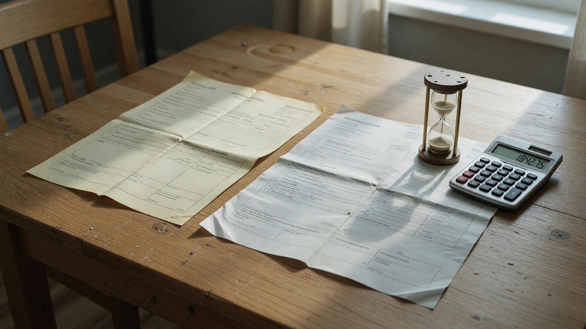 Two mortgage documents beside an hourglass and calculator, a timing decision scene