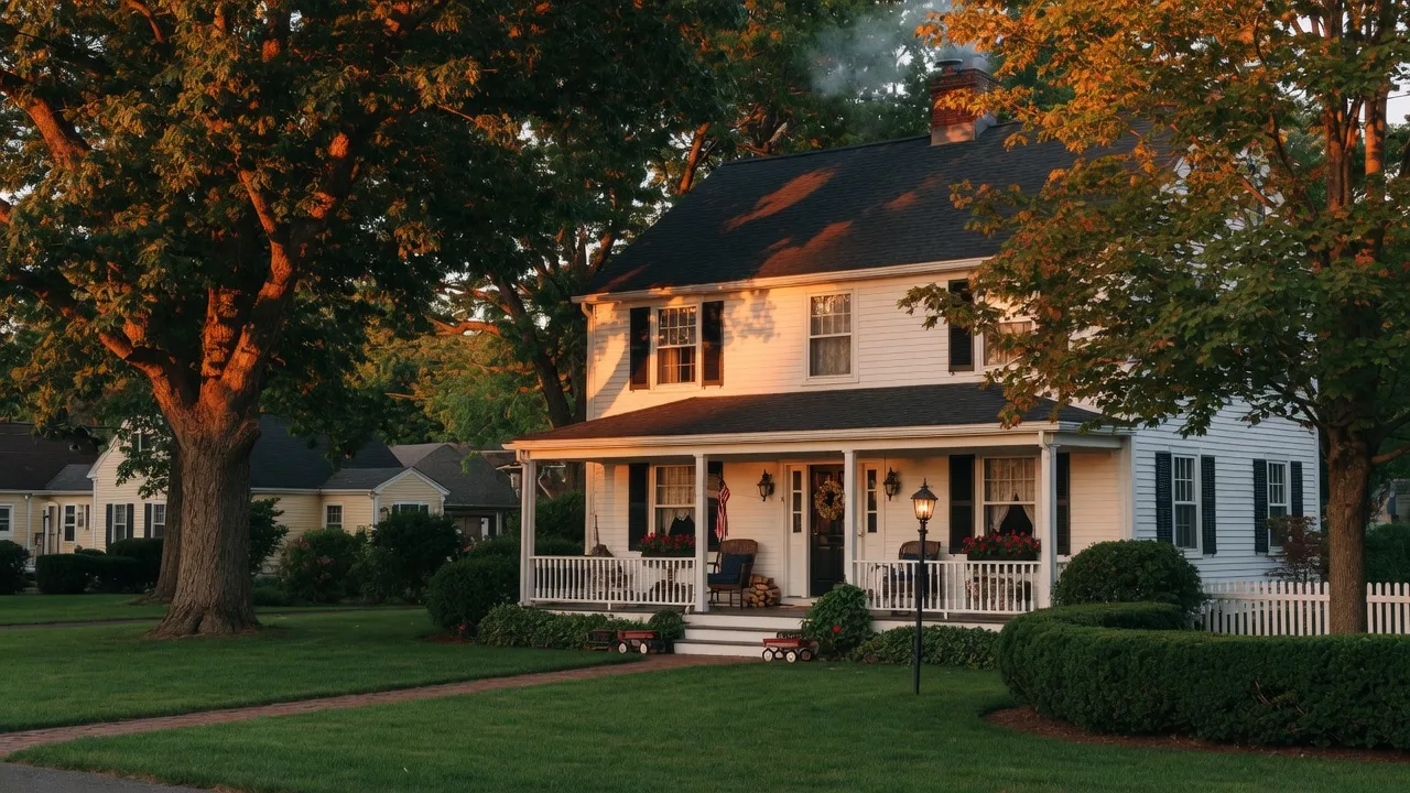 A classic New England colonial home in a quiet Connecticut neighborhood at golden hour, with warm amber light and mature trees