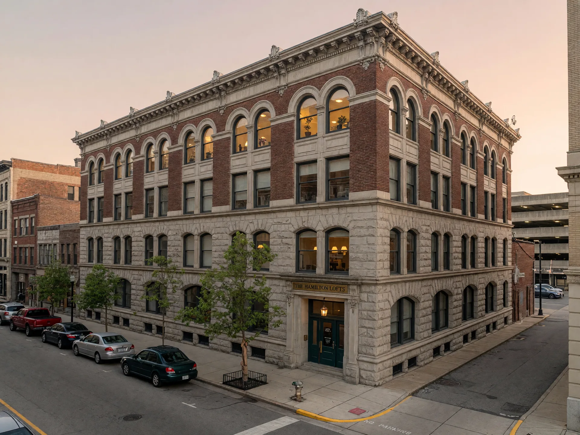 A historic early-1900s limestone office building in downtown Cleveland converted into residential lofts, with a preserved cornice and arched window bays in late-afternoon light