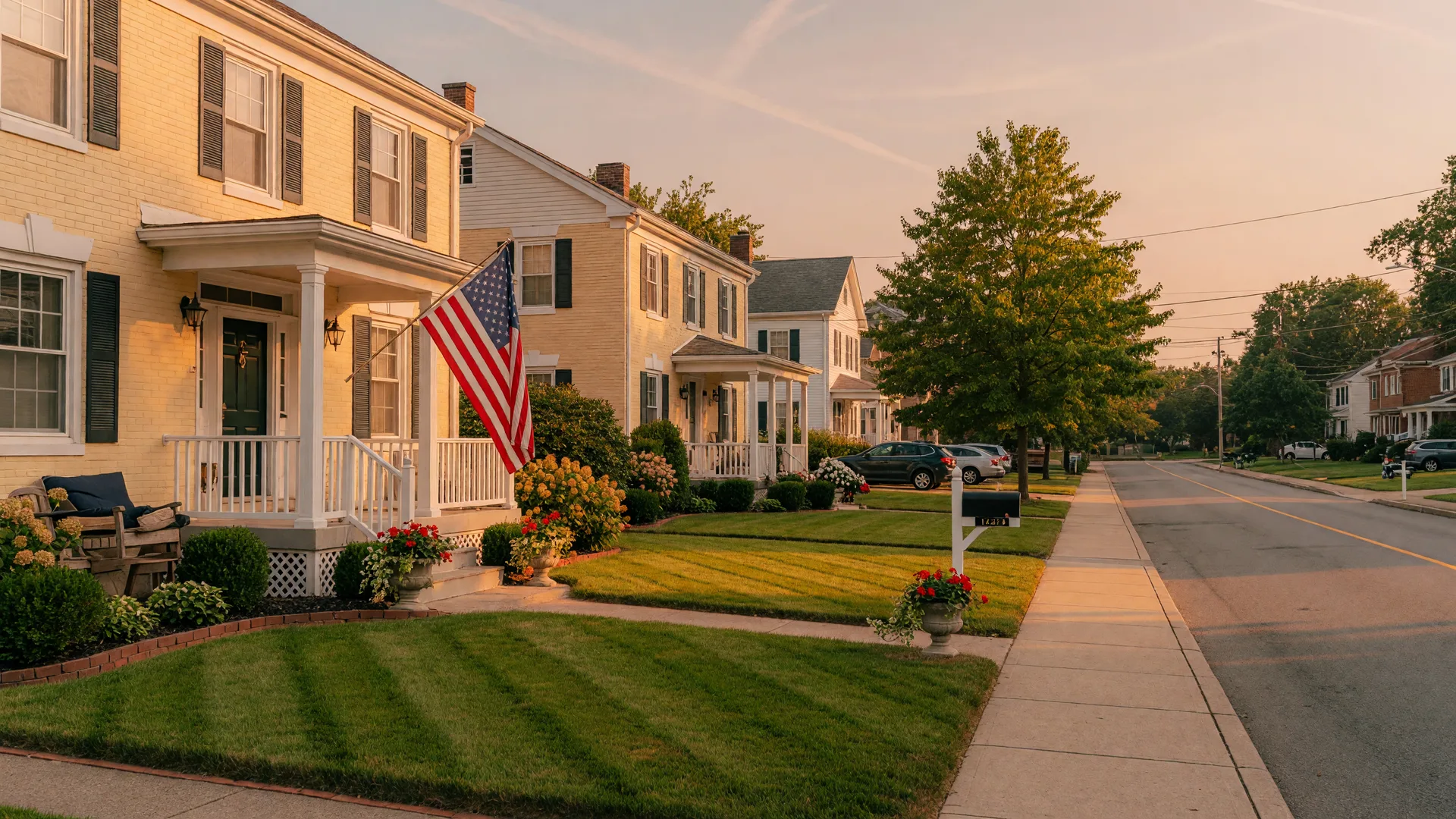 Quiet residential street in Delaware County, Pennsylvania with Colonial Revival homes in late summer golden hour light