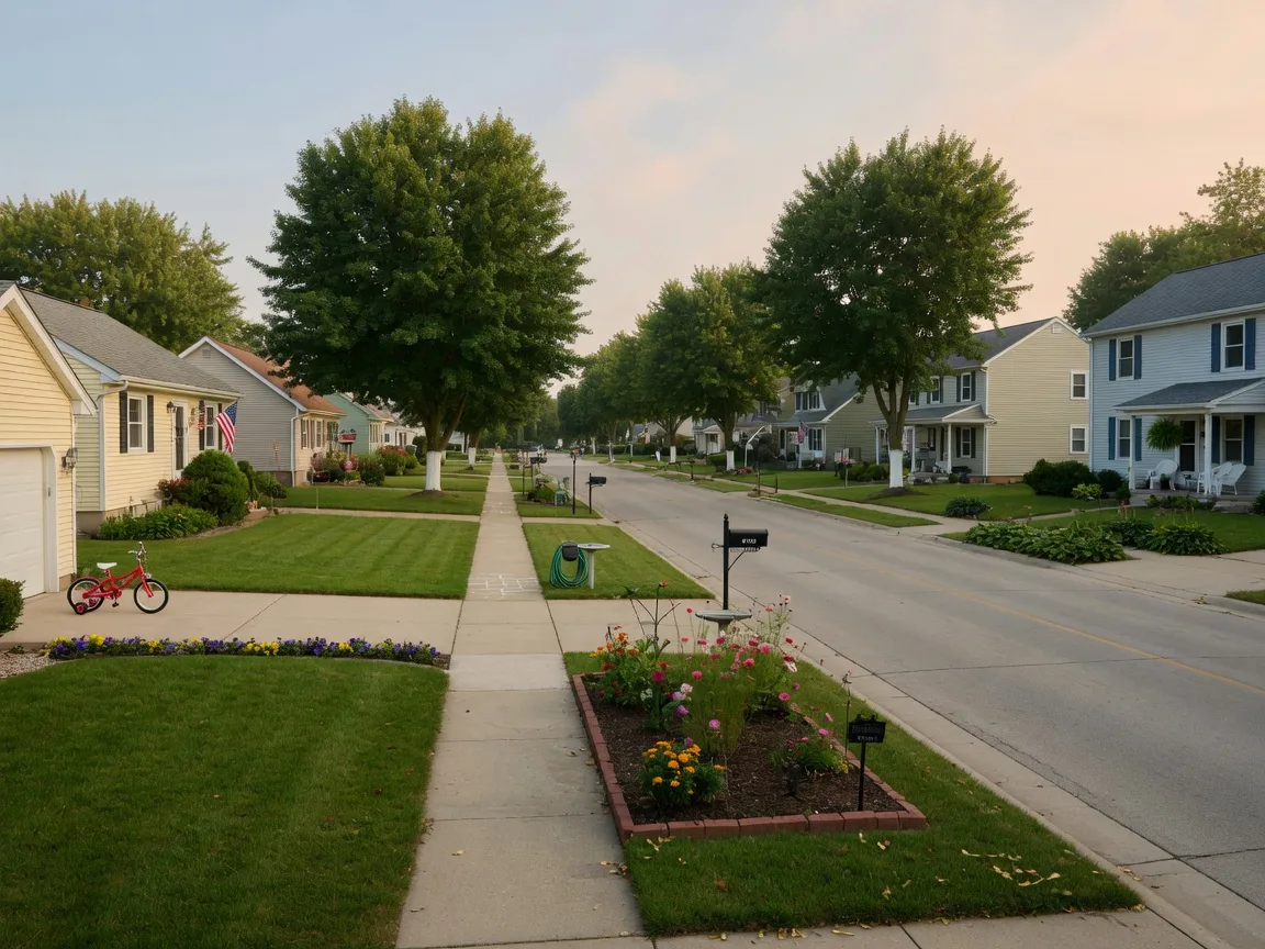 A tidy Midwestern suburban street with well-kept single-family homes