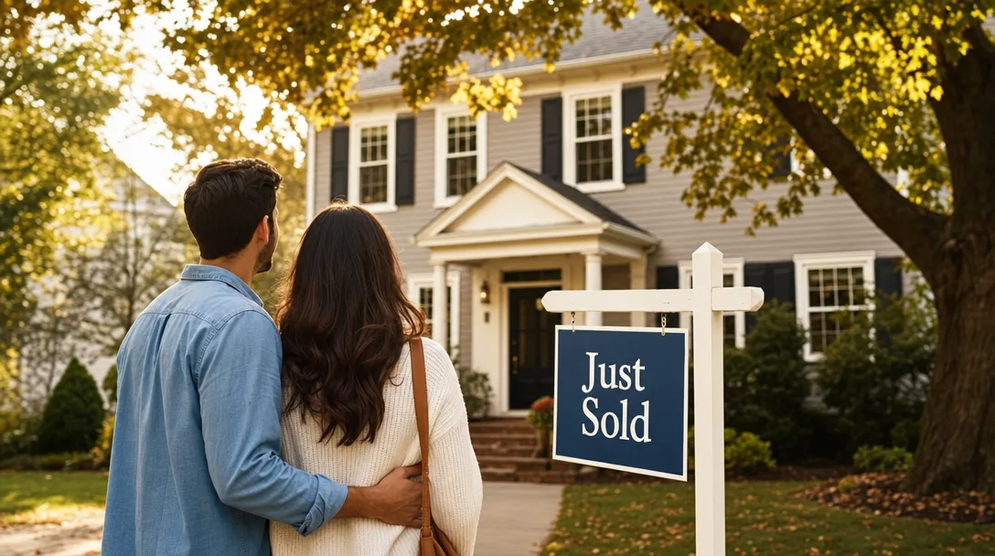 Colonial-style home in a tree-lined New Jersey suburb with a Just Sold sign in the front yard