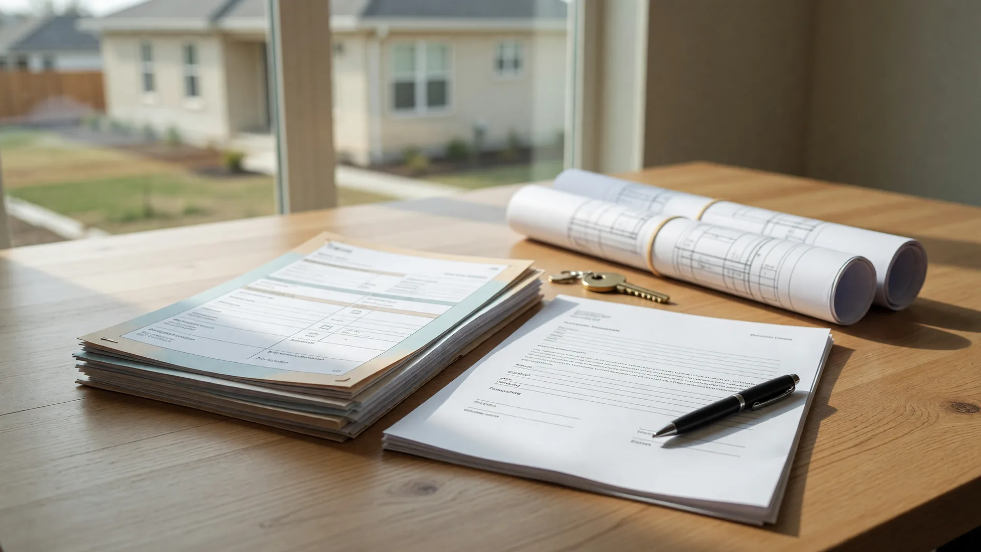 A new-home purchase agreement and builder paperwork on a light oak table beside a pen, a brass house key, and rolled blueprints