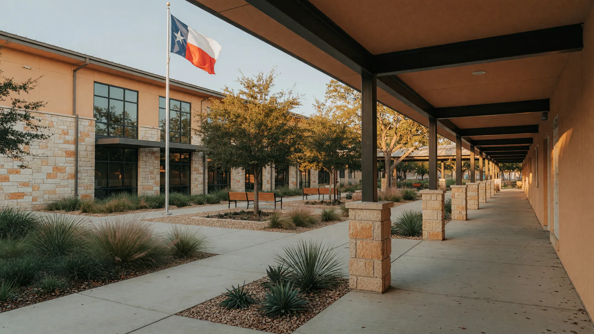 A modern limestone Texas Hill Country school campus with a tree-lined courtyard in morning light