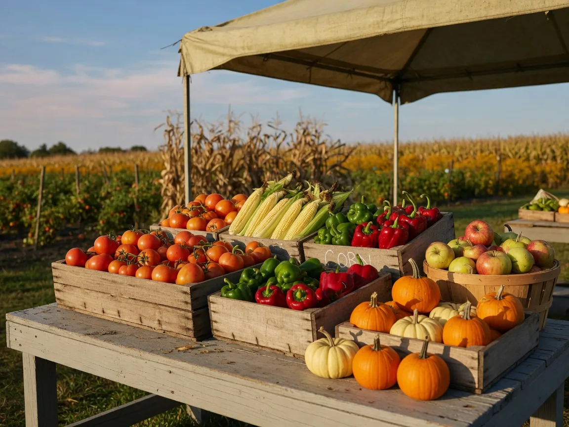 Wooden crates of Jersey Fresh tomatoes, corn, peppers, apples, and pumpkins at a South Jersey farm stand in late September light