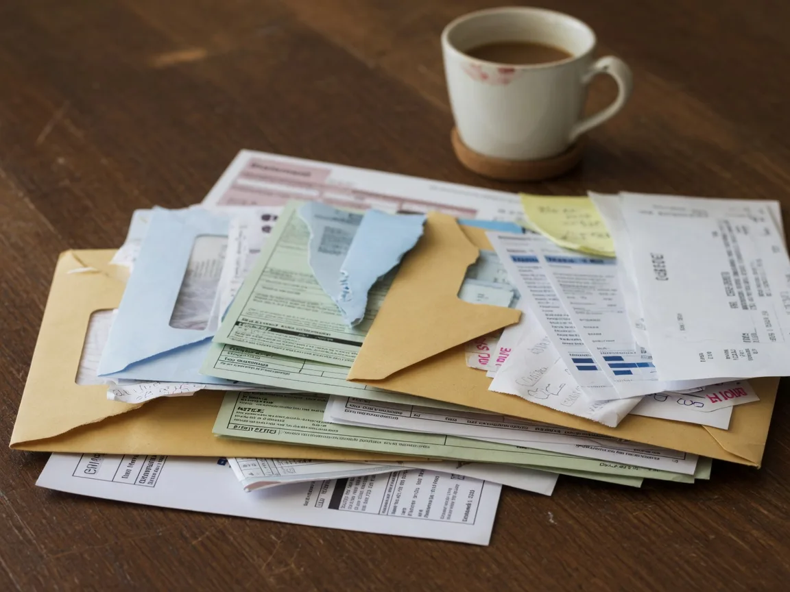 A stack of opened envelopes, bills, and financial documents spread across a dark wooden kitchen table, representing the financial obligations of a probate estate