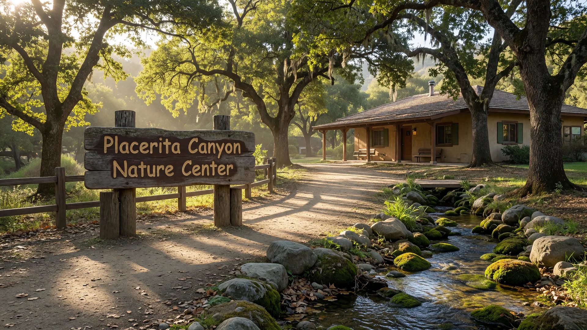 Placerita Canyon Nature Center entrance with oak-shaded trail and seasonal creek in Santa Clarita Valley