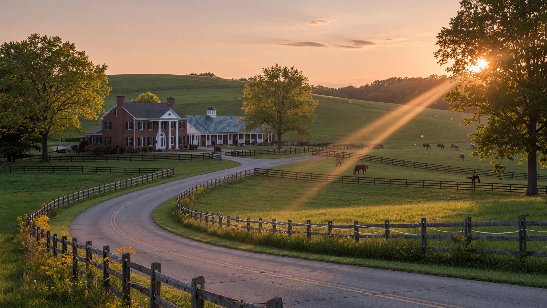 Rolling green pastures with split-rail fencing and a brick equestrian estate in Powell Ohio horse country