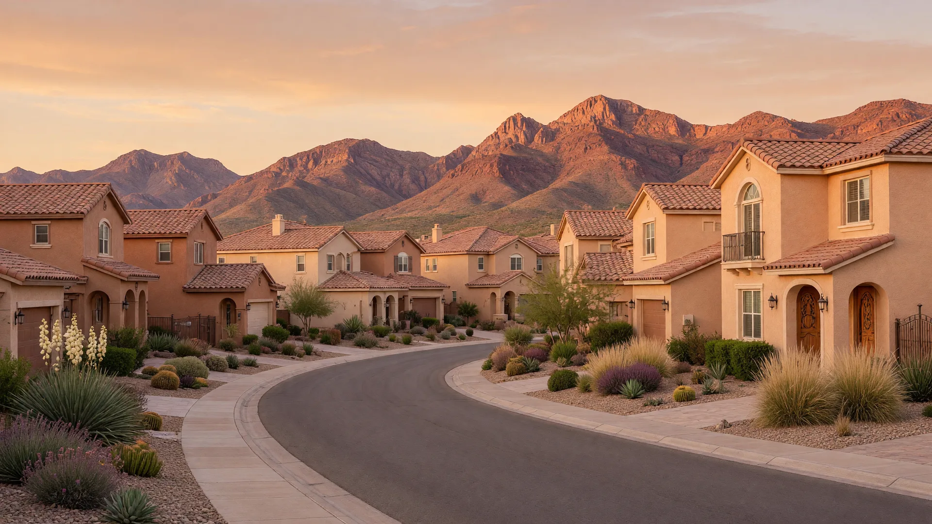 Residential street with a mix of one-story and two-story stucco homes in a master-planned Las Vegas desert neighborhood with mountains beyond