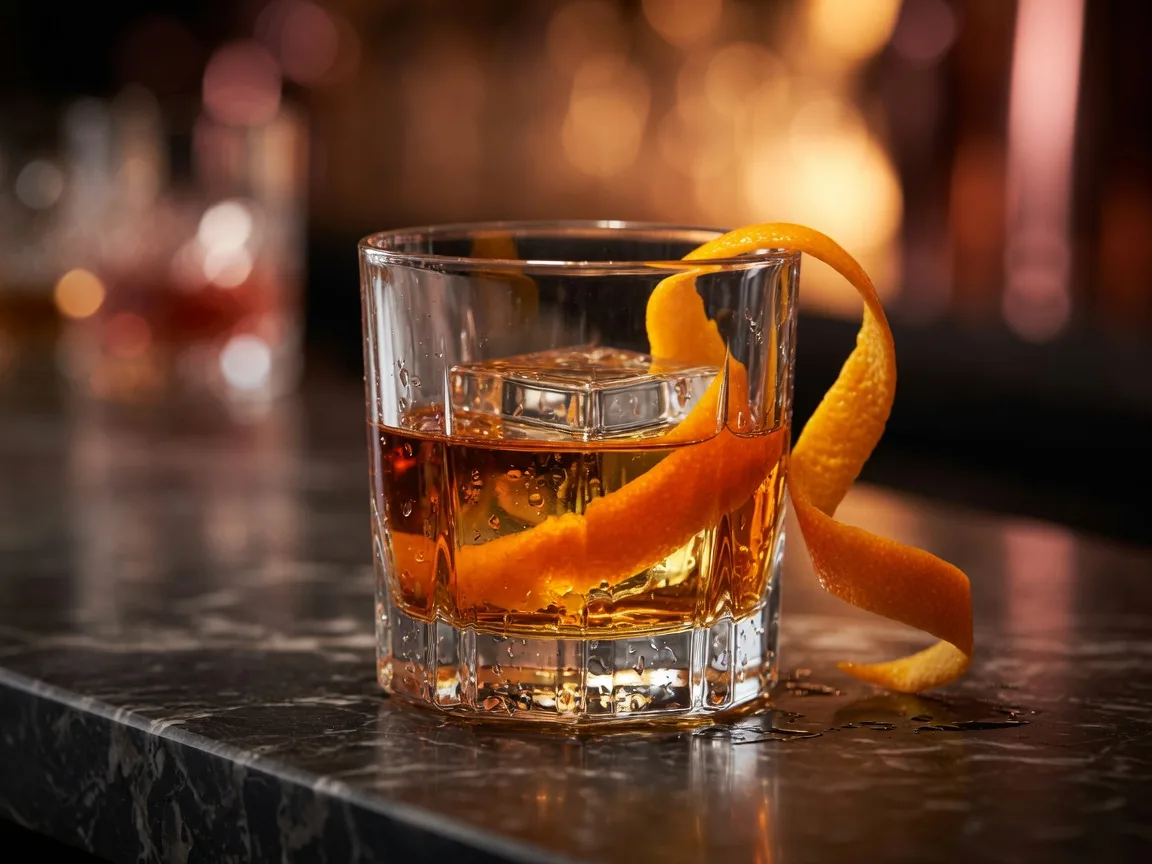 A craft old fashioned cocktail with a large clear ice cube and orange peel at MG Tavern in Buford Georgia