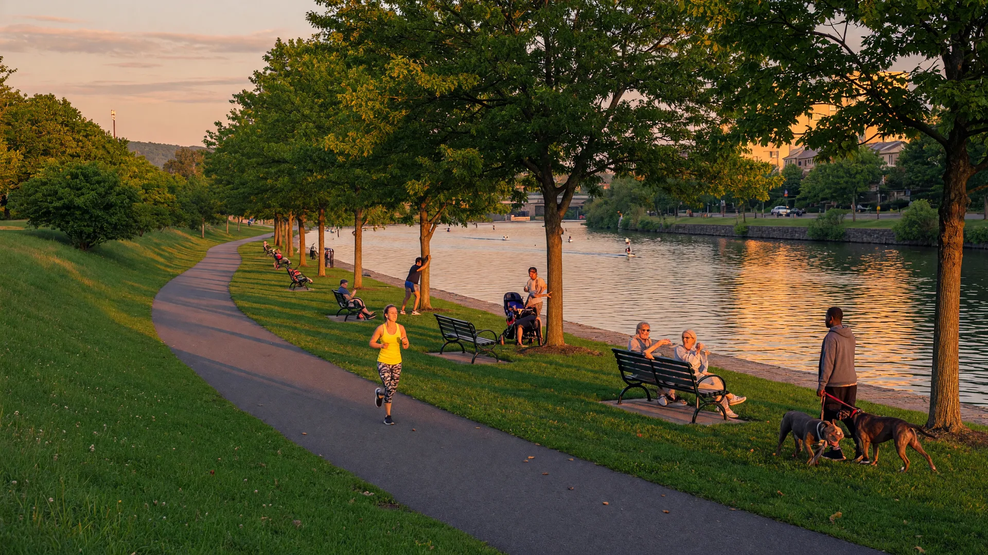 Conshohocken Riverfront Park along the Schuylkill River with walking paths