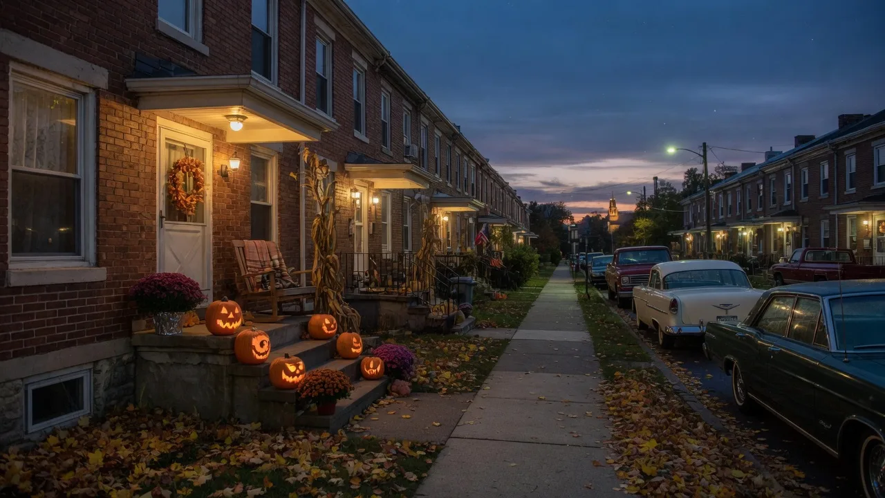 Brick twin homes along a North Catasauqua street at dusk in late September with porch lights glowing and pumpkins on the steps