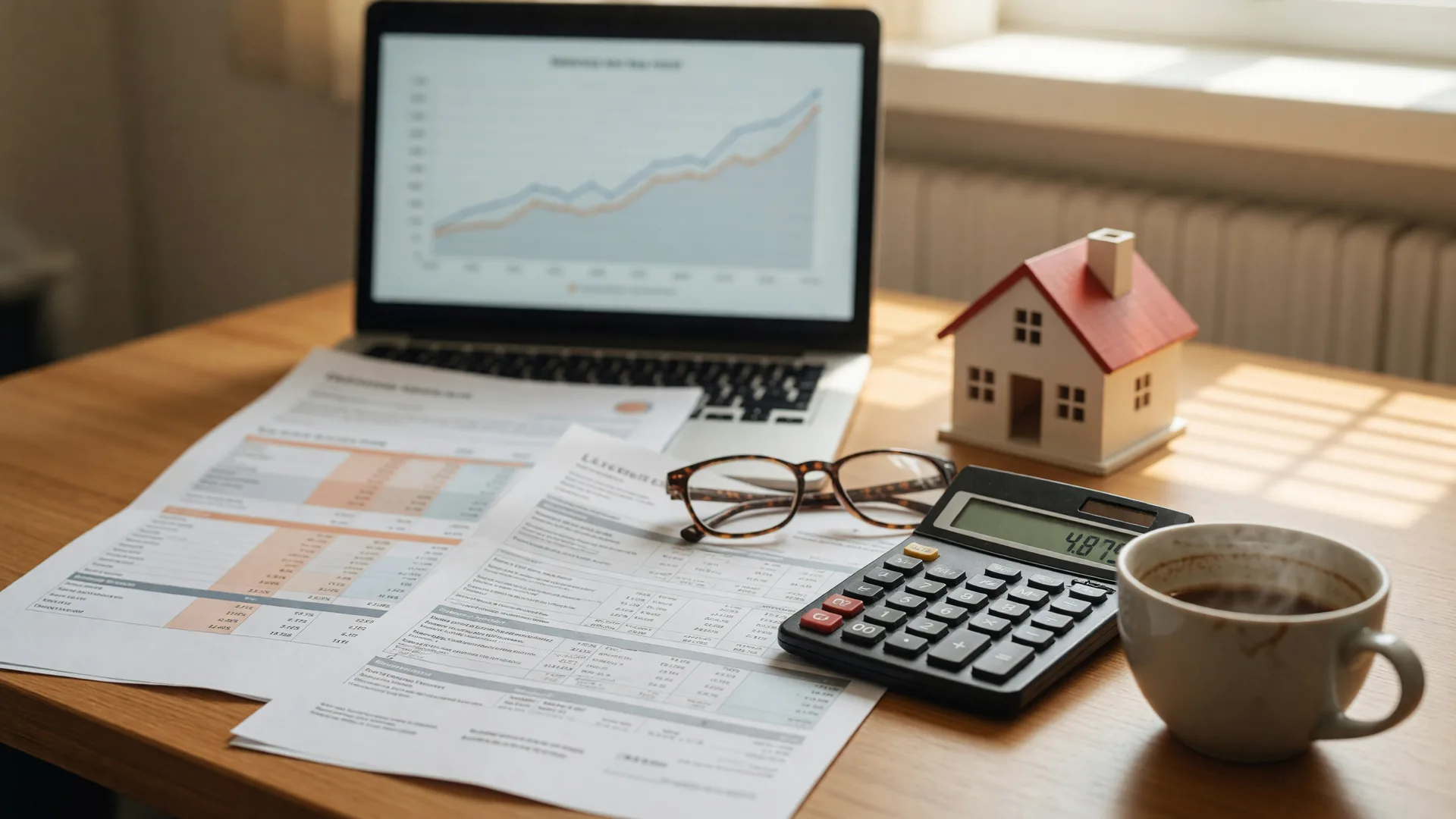 A lender's desk in warm window light with a printed loan estimate, a rate sheet, a calculator, reading glasses, and a small wooden house model.