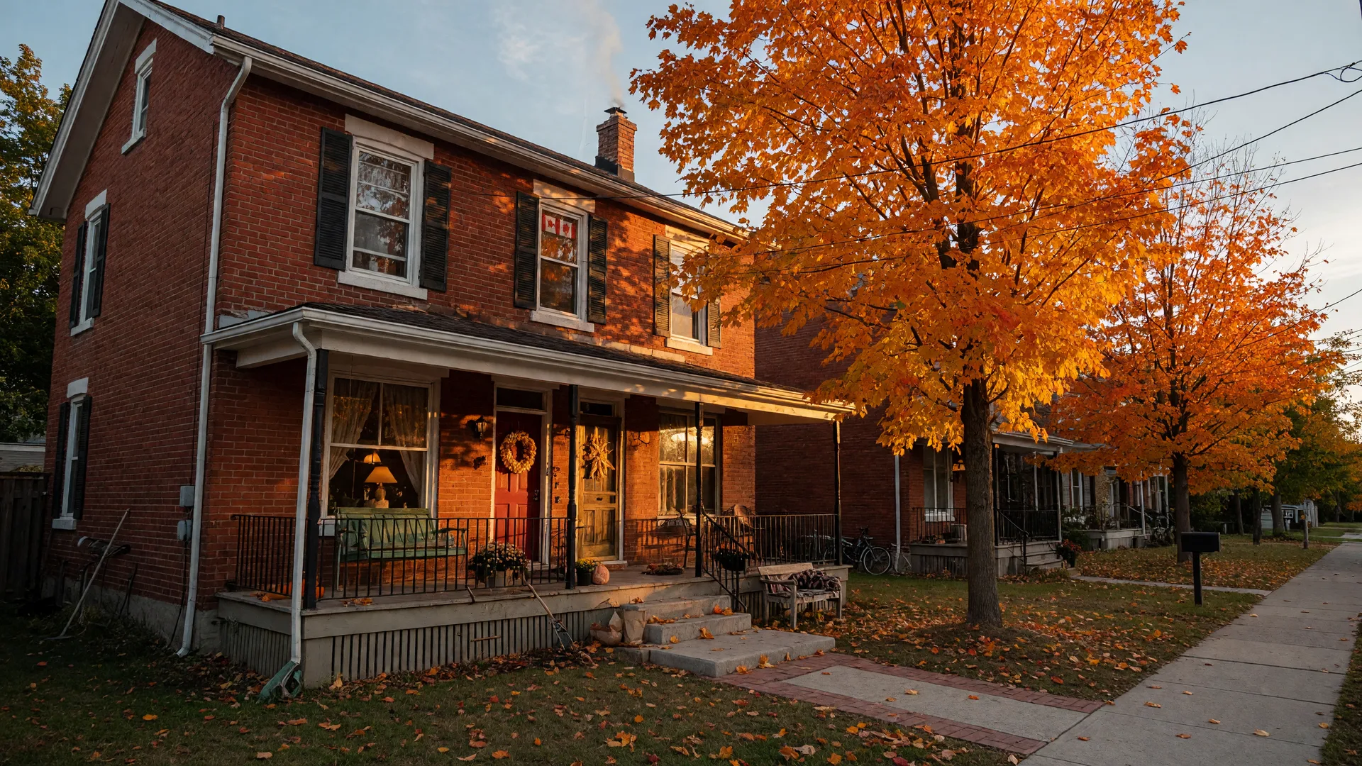 A classic two-storey red brick family home on a tree-lined Port Perry street in late October, with warm light in the windows and sugar maples in full orange and gold autumn colour along the front walk