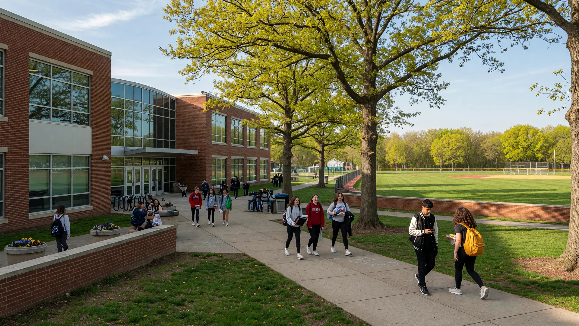 Burlington County high school campus on a sunny spring afternoon with green athletic fields and brick academic buildings