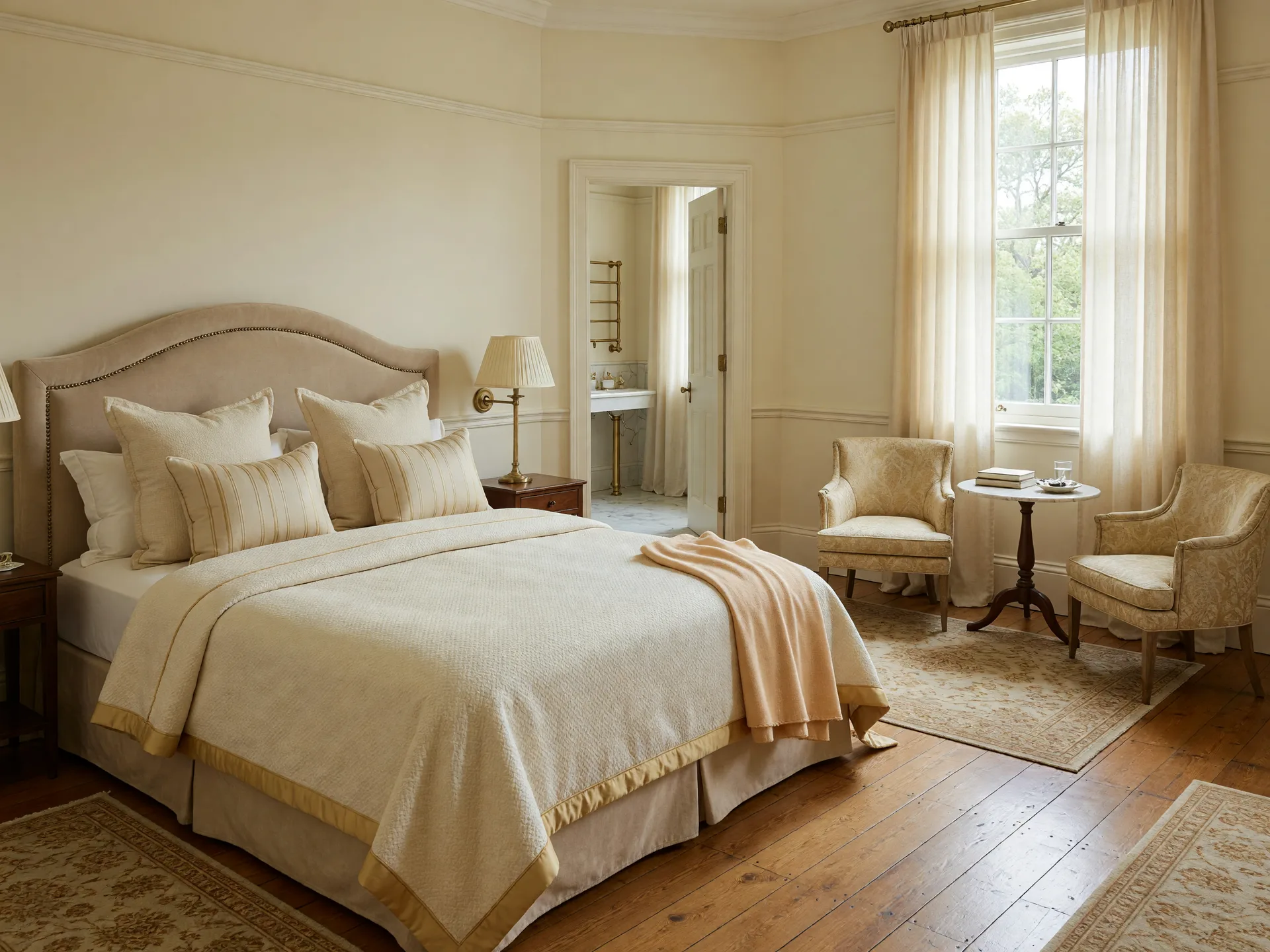A warm, upscale guest suite in a luxury home with a plush bed, armchair seating nook, and a private ensuite, lit by soft daylight