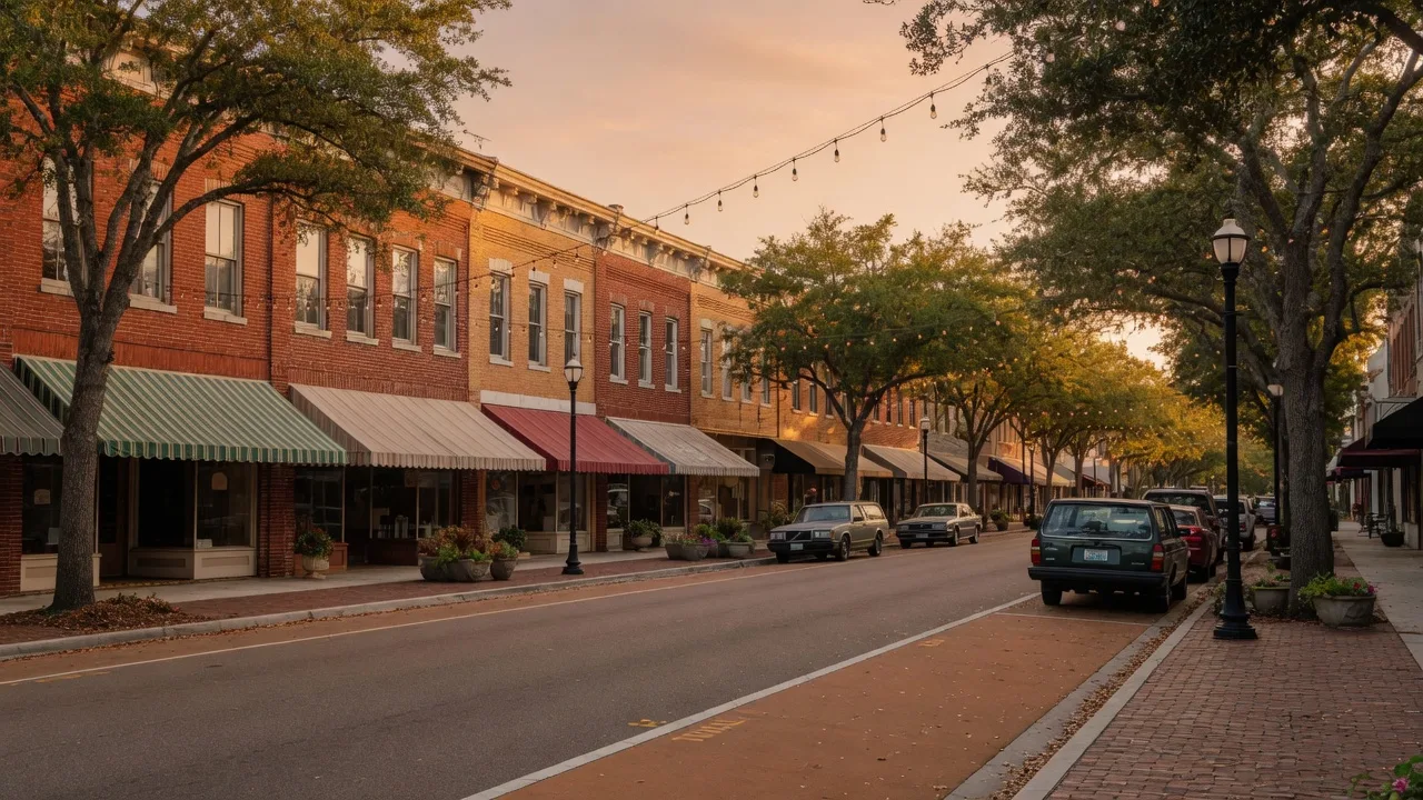 Historic downtown Winter Garden: brick storefronts, string lights, palms, and the West Orange Trail at golden hour.