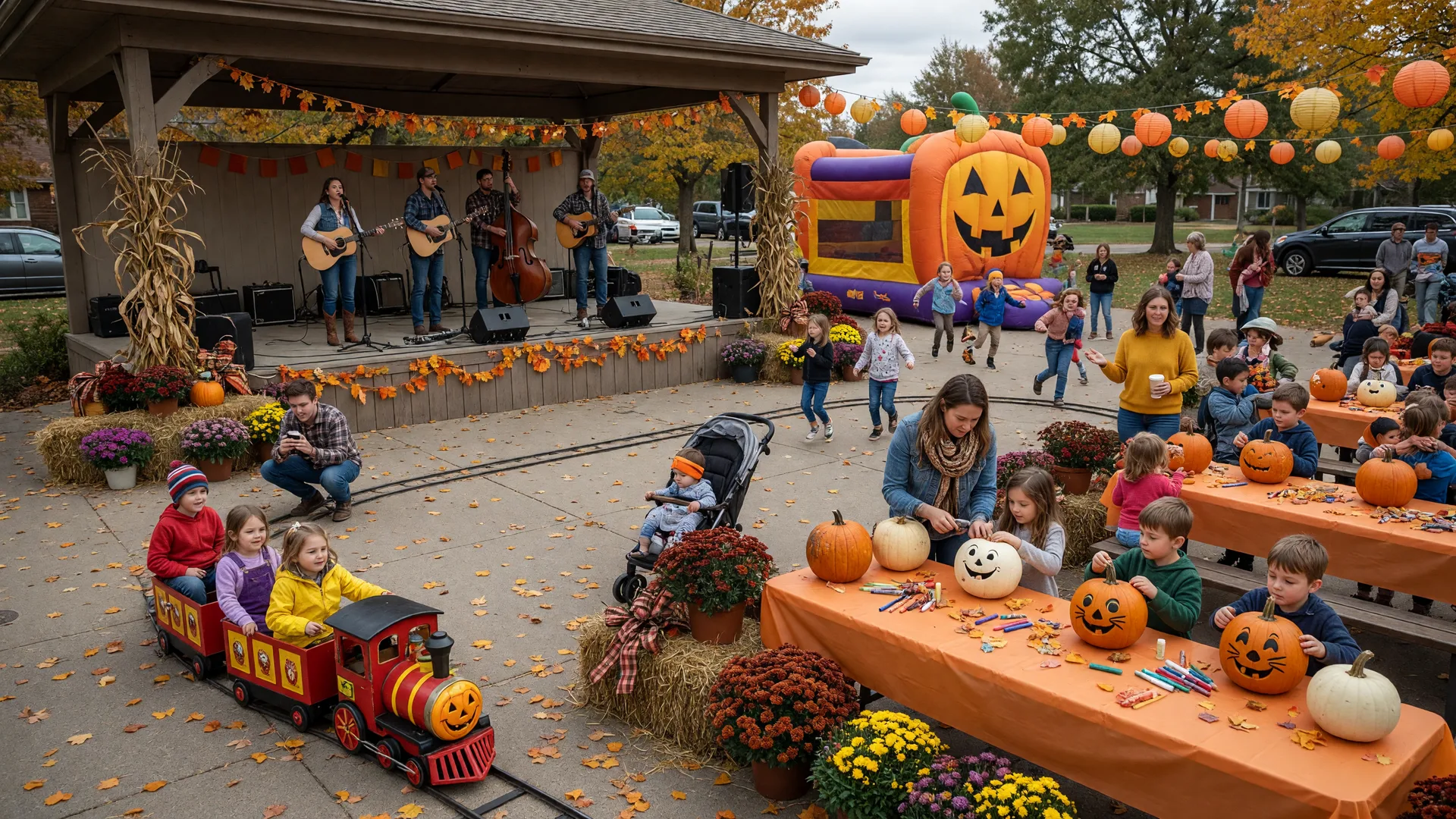 Children on a small train, a bounce house, and families decorating pumpkins at a suburban fall festival pavilion
