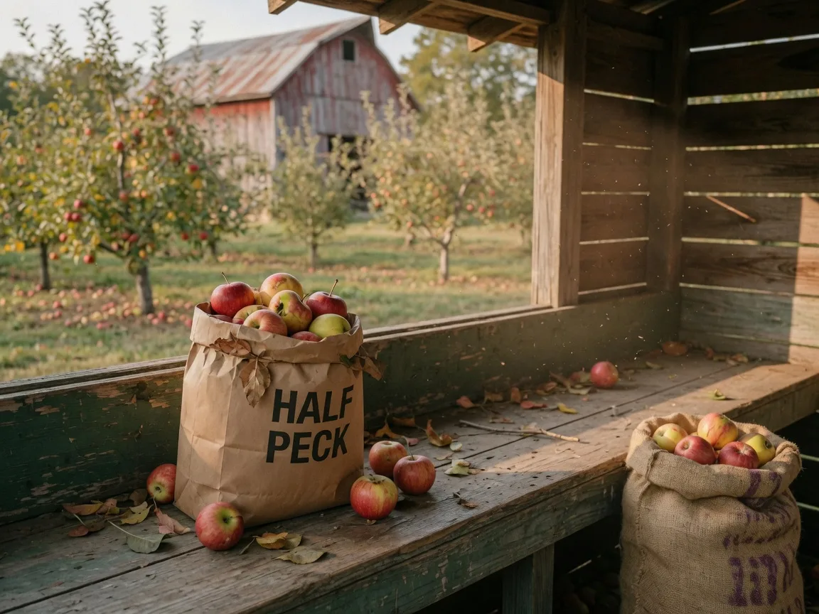 A half-peck paper bag full of red and striped apples on a wooden orchard stand counter