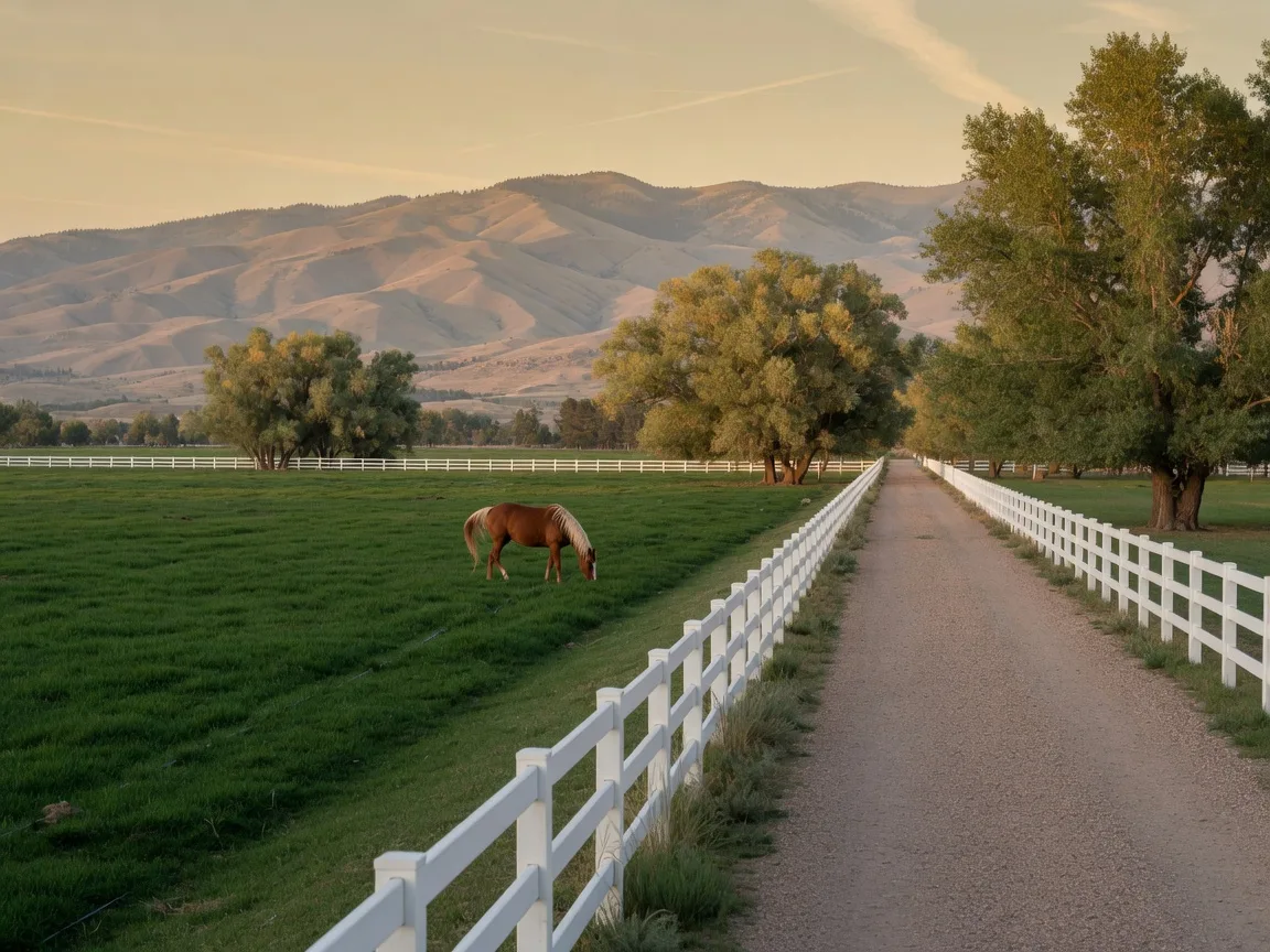 Horse pasture with white board fencing on an equestrian acreage in Eagle, Idaho