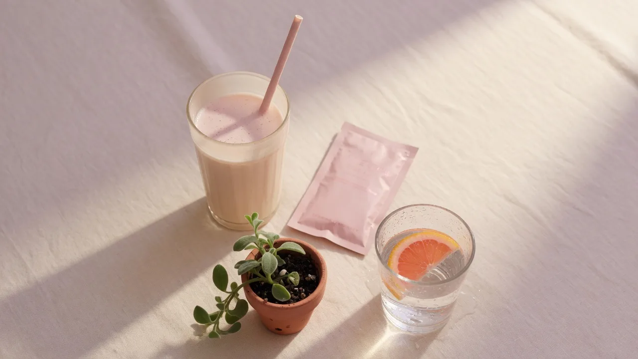 A soft flat-lay of a blush pink shake, a pink energy mix packet, a small potted plant, and a glass of citrus water on cream linen
