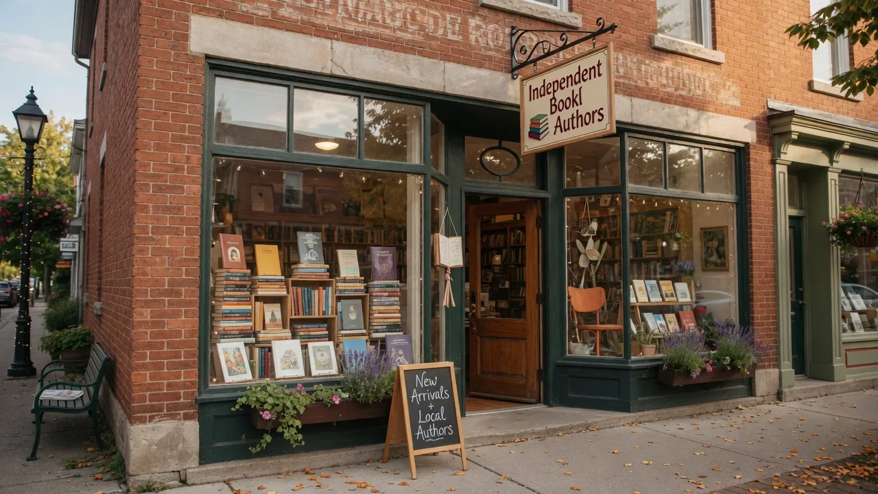 A charming independent bookstore storefront in a small Ontario town, with brick facade, large display windows, and a warm inviting entrance