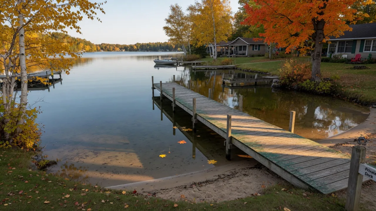 A wooden dock over clear fall lake water with sandy bottom visible, maple and birch in autumn color