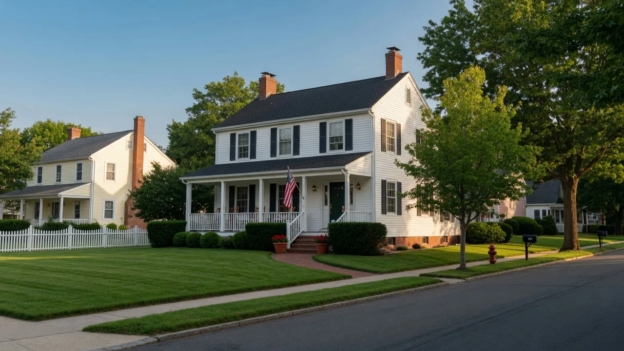 A well-maintained colonial-style home in Essex County New Jersey with a manicured lawn and clear blue sky