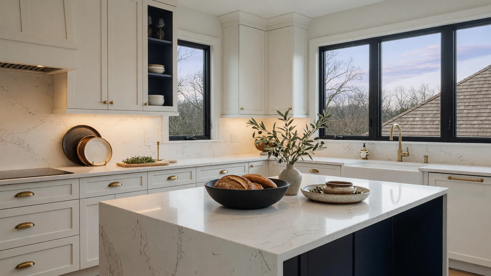 Beautifully remodeled modern kitchen with white cabinetry, quartz waterfall island, and warm afternoon light