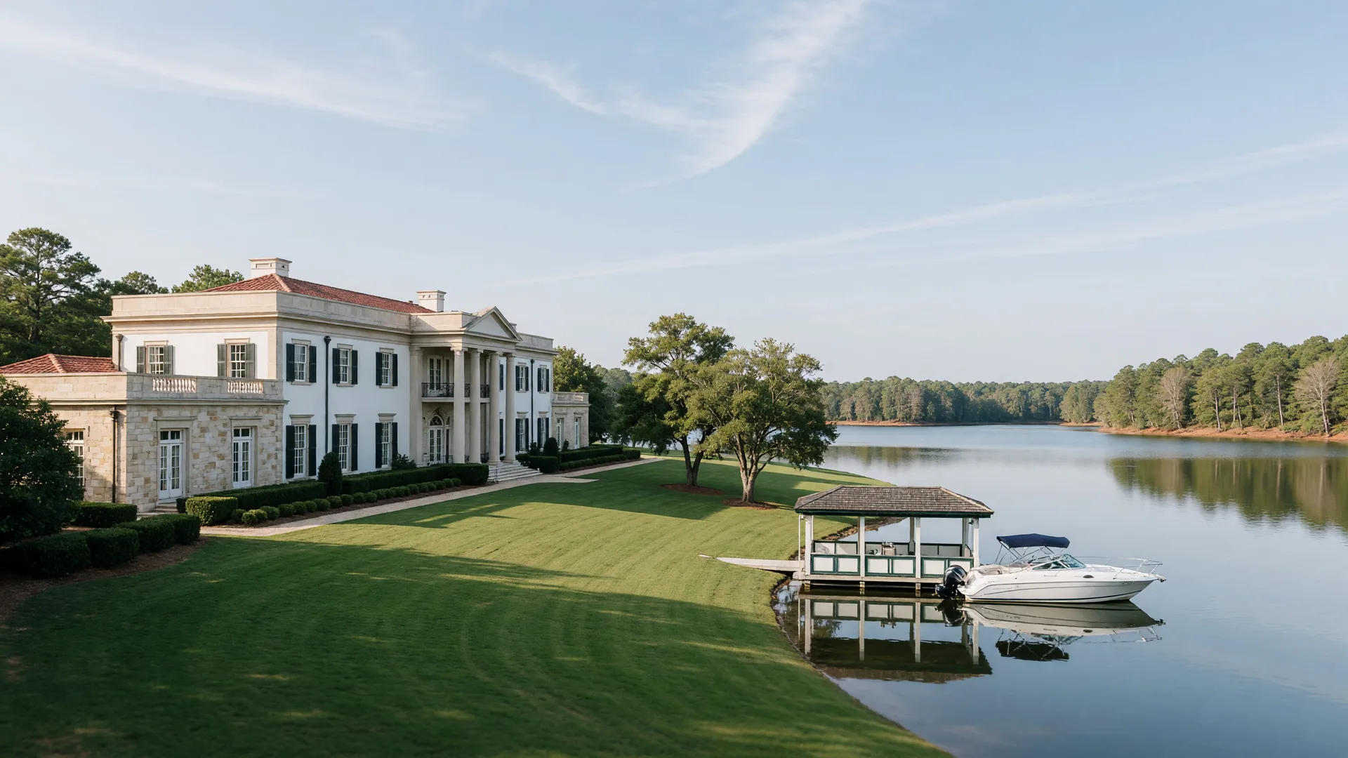 Elegant lakefront estate on a broad North Carolina lake with a private covered dock at morning light