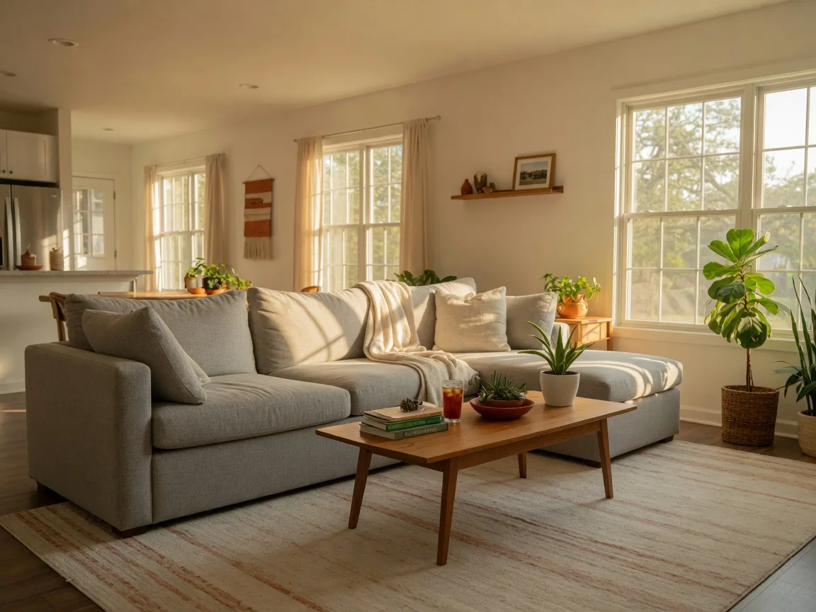 Bright open-concept living room in an Oklahoma home with a gray sofa, wooden coffee table, and large windows