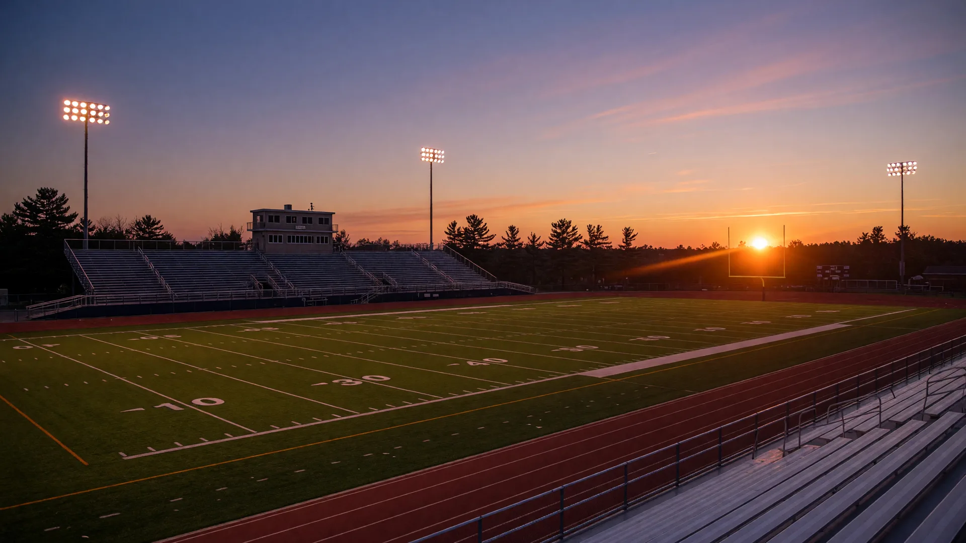 High school football stadium at dusk with glowing light towers