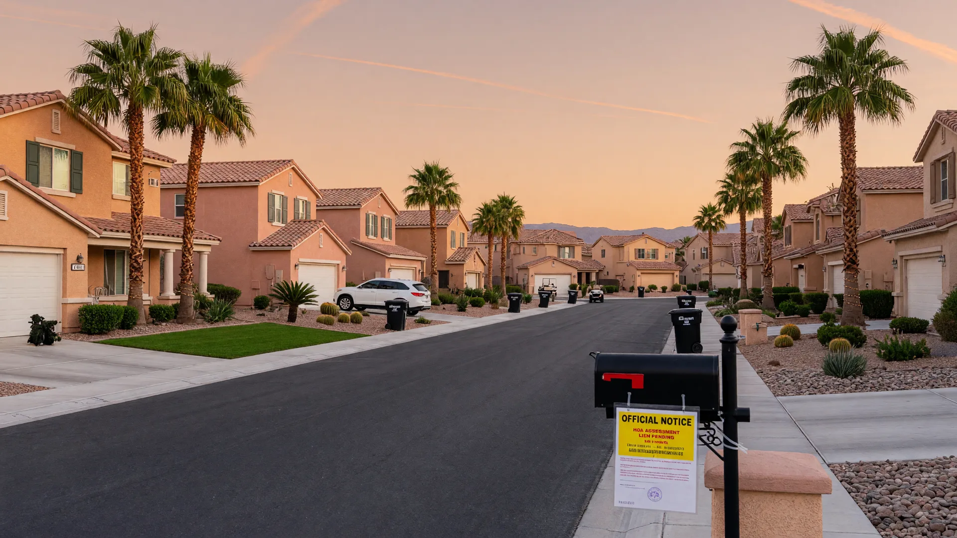 Las Vegas suburban neighborhood with palm trees and an official notice on a mailbox representing HOA lien concepts