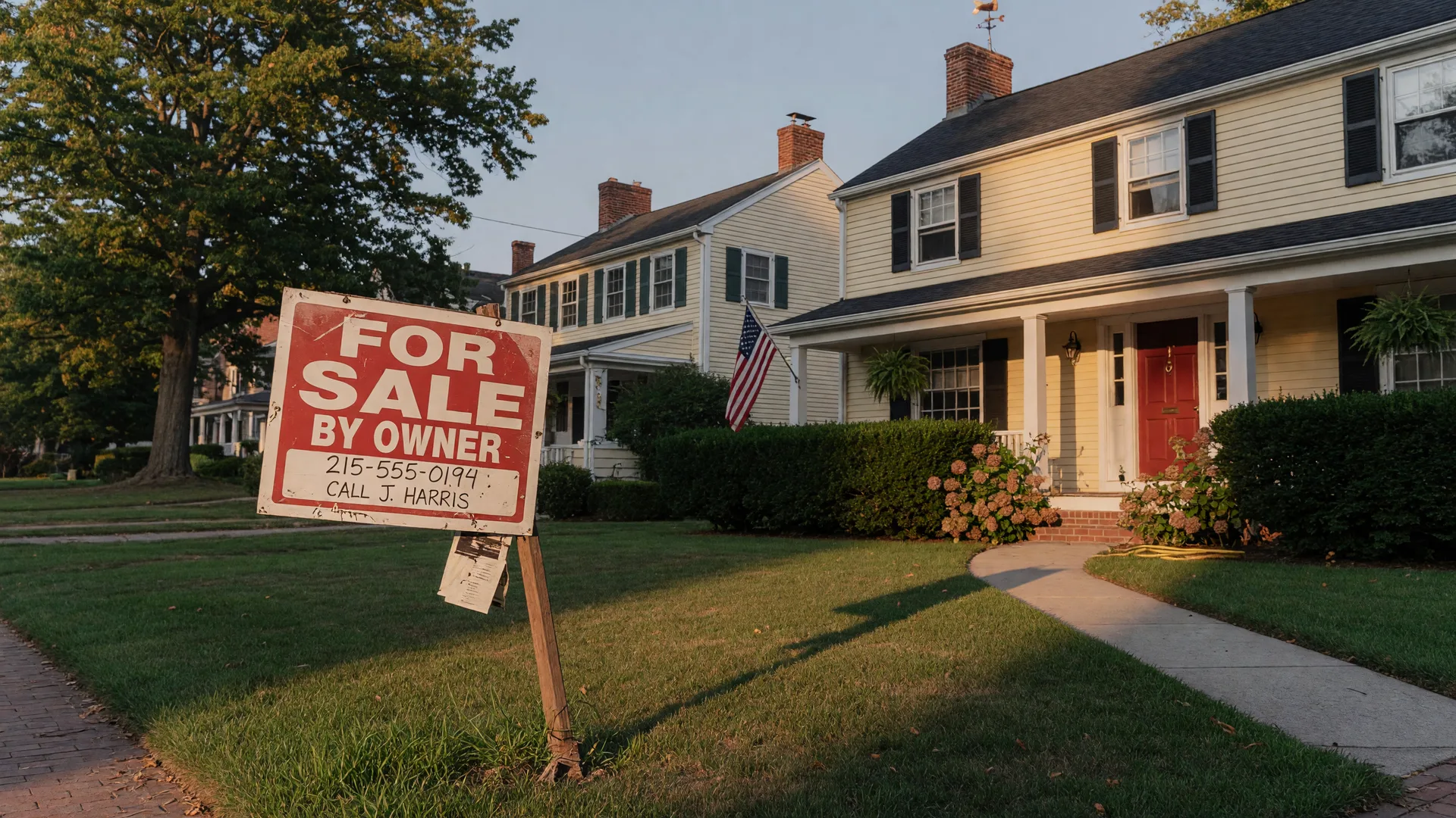 Colonial home in Delaware County with a weathered For Sale By Owner sign in the front yard during golden hour