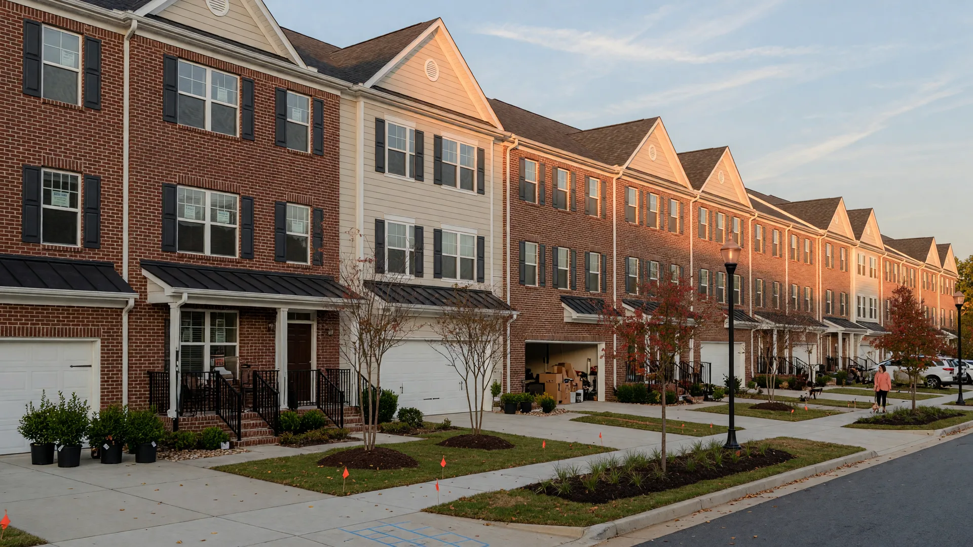 A row of new three-story brick and siding townhomes with covered stoops and attached two-car garages along a wide sidewalk in a walkable Metro Atlanta community at golden hour