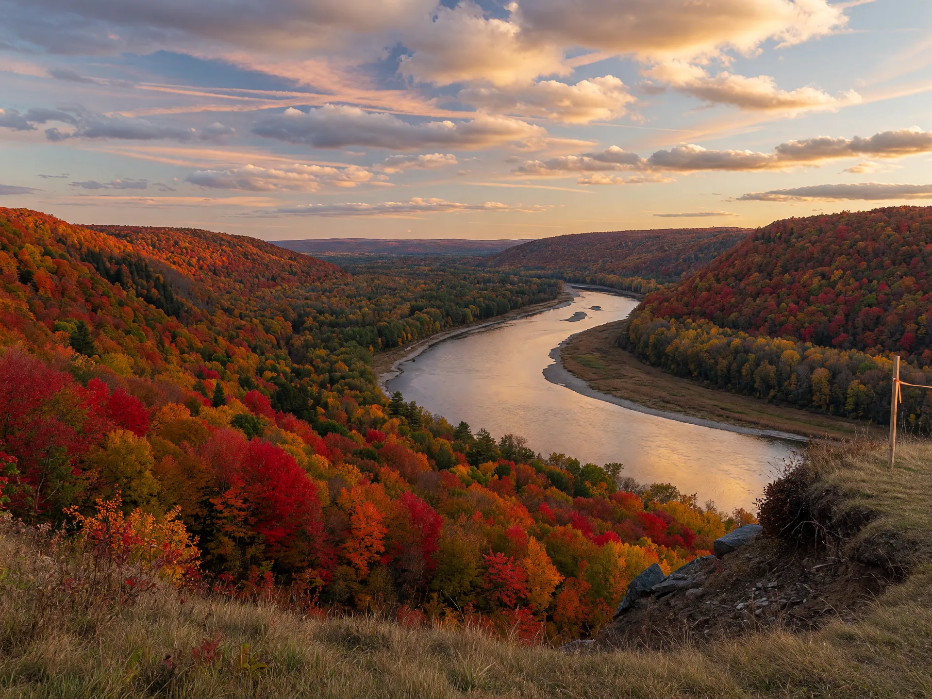 A bluff-top overlook above a river valley in autumn color