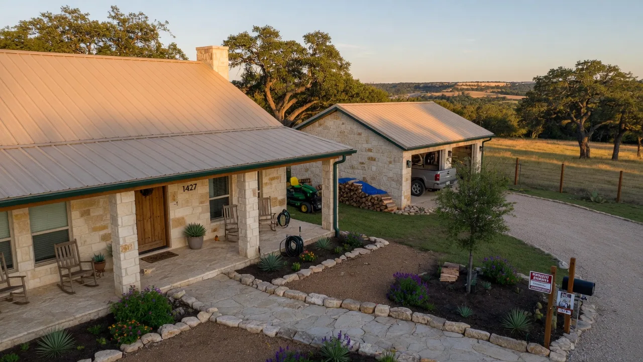 Texas Hill Country home with limestone exterior and metal roof representing property insurance considerations