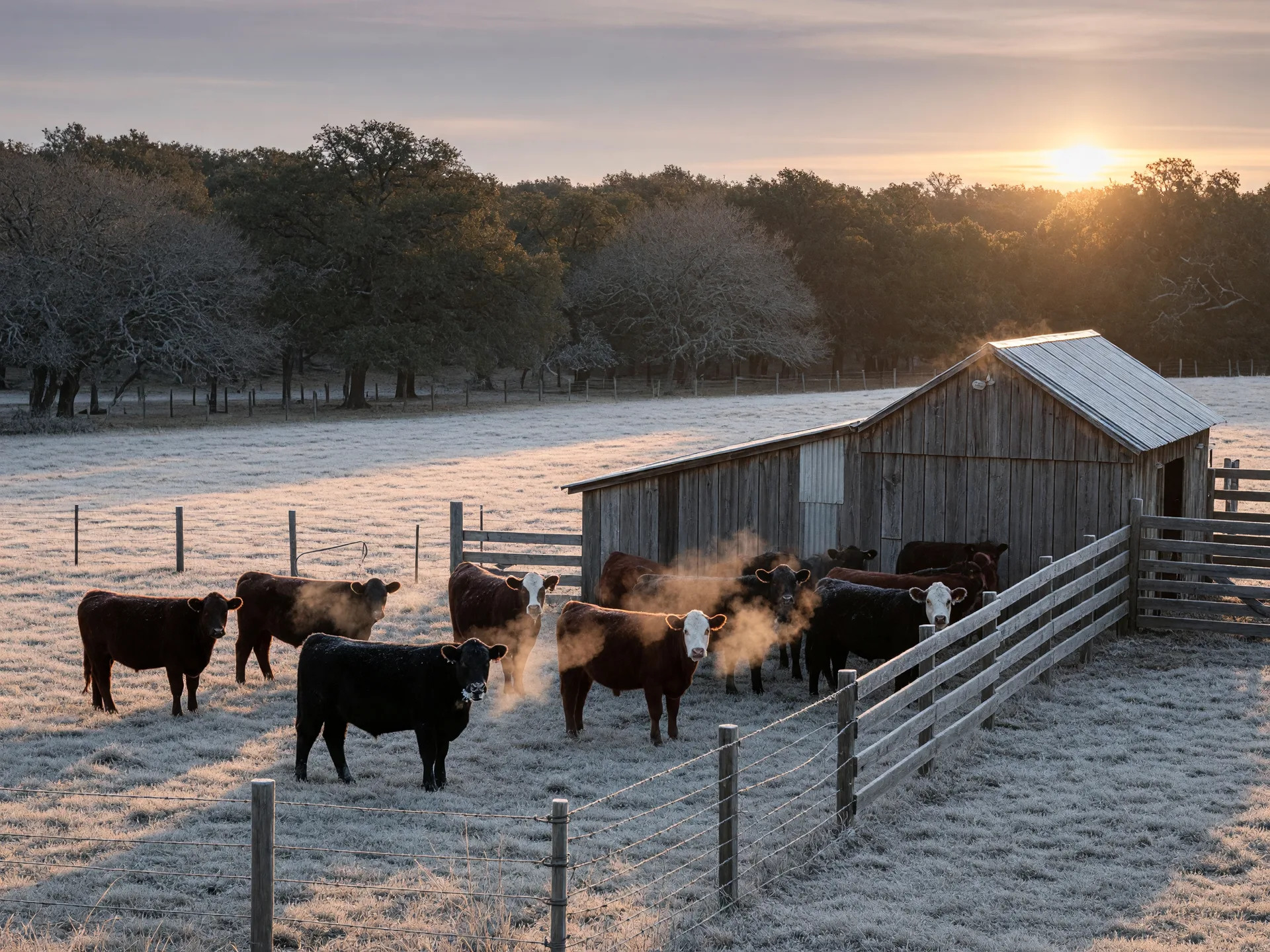 Beef cattle standing beside a wooden barn windbreak in a frost-covered Hill Country pasture on a cold winter morning