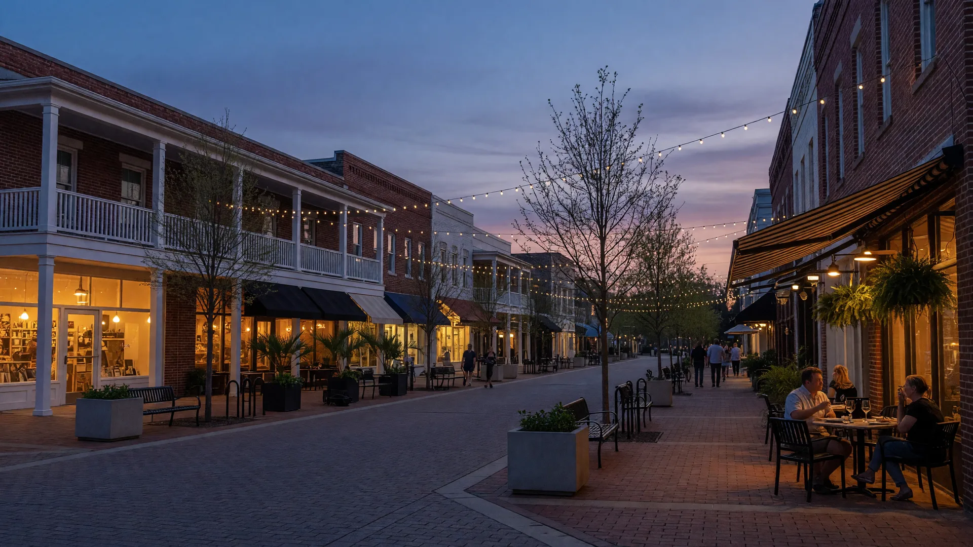 Nexton Square's walkable main street at dusk, brick storefronts glowing under string lights with diners on a restaurant patio