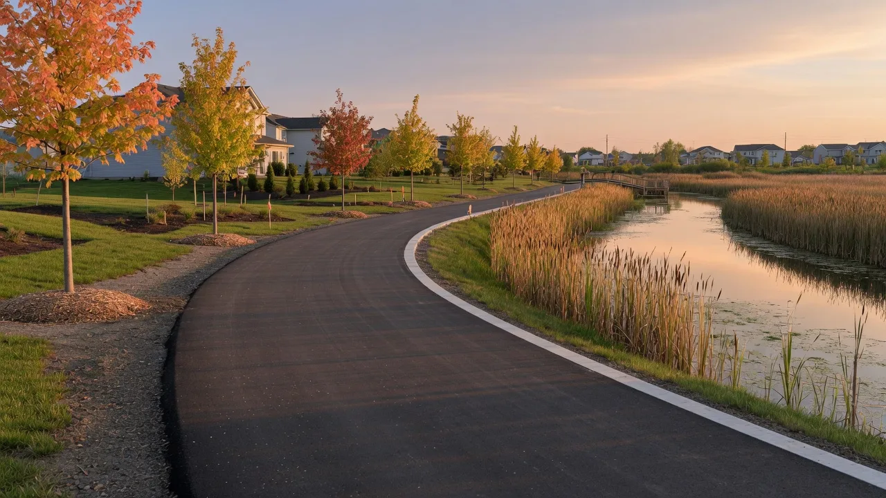 Freshly paved multiuse trail beside young maples and a quiet marsh near Baxter, Minnesota