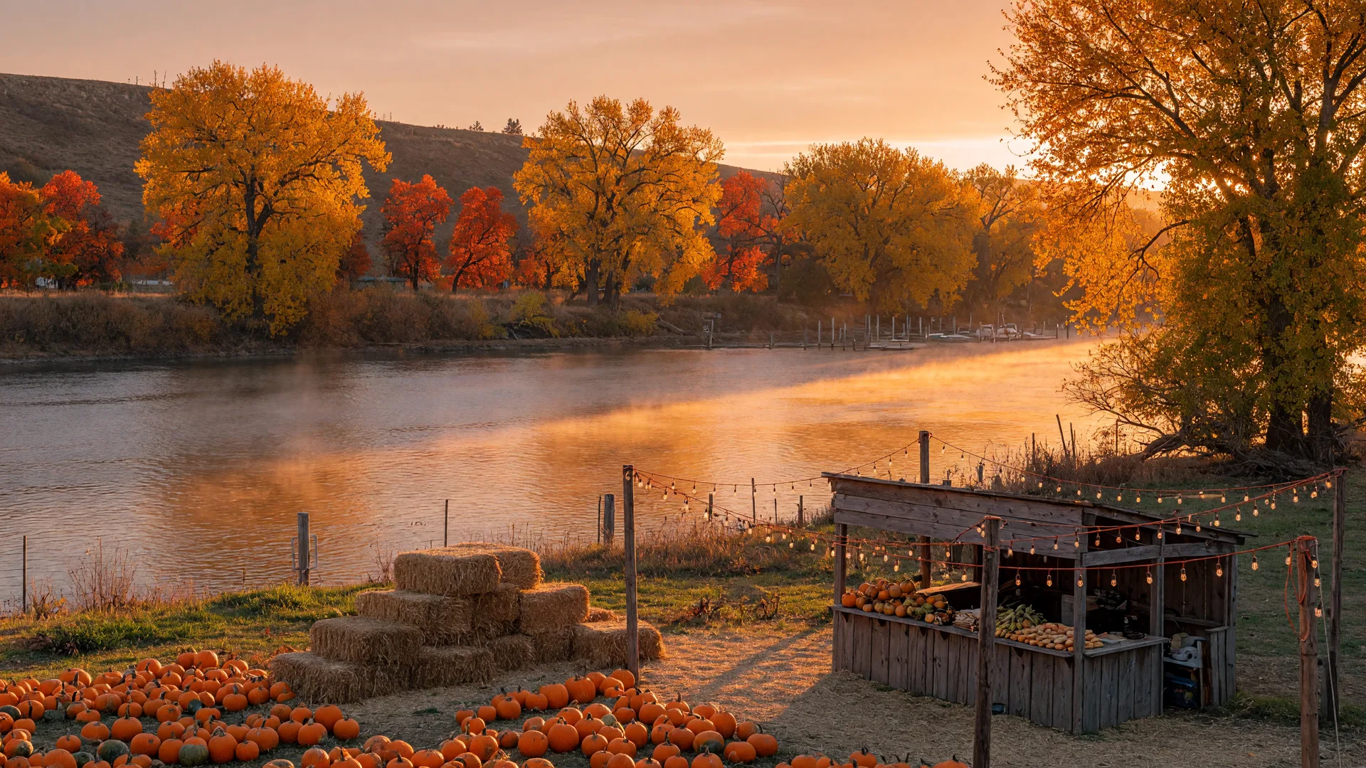 A golden autumn pumpkin patch and farm stand beside the Columbia River in the Tri-Cities
